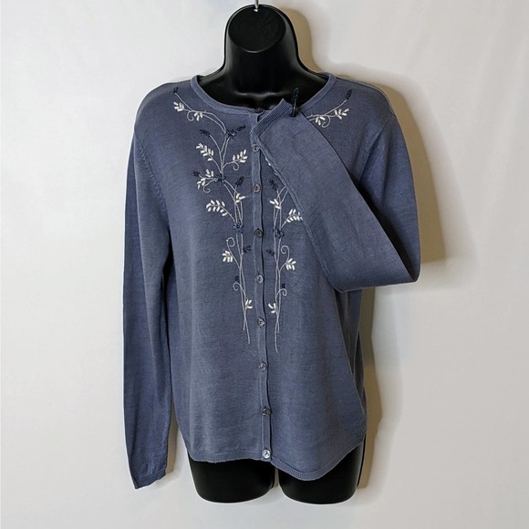SILK LORE Dusty Blue Lightweight Ribbon Embroidered Silk Cardigan Size Small - Picture 4 of 6